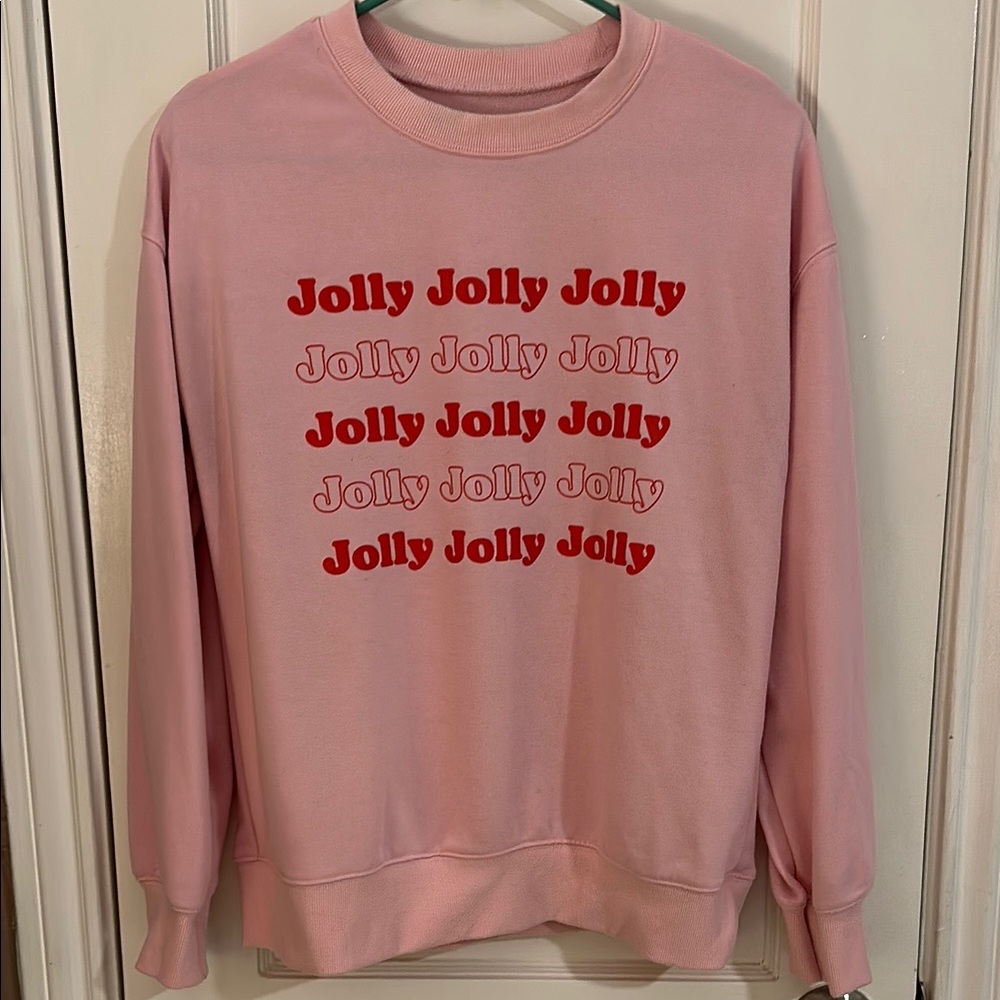 Pink Crewneck Sweater with Red Jolly Graphic